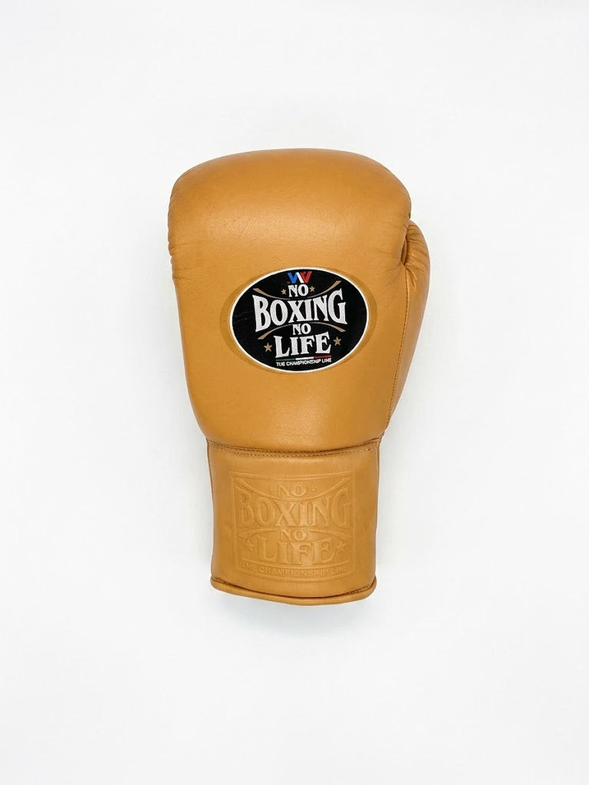 No Boxing No Life caramel tan boxing set with lace-up gloves, headgear and groin guard in one solid color - alternate angle