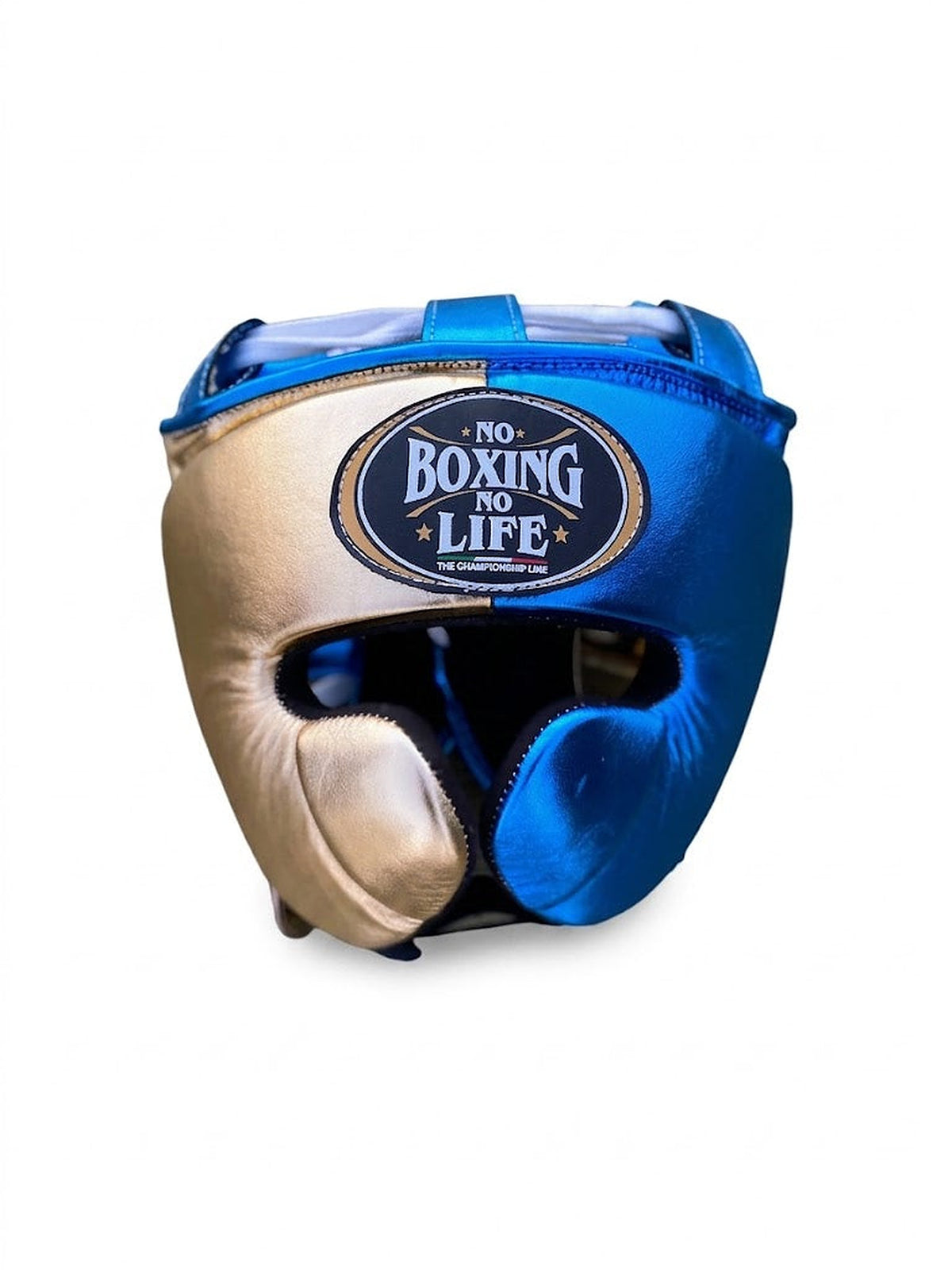 No Boxing No Life lace-up gloves, headgear and groin guard split in metallic royal blue and gold - side view