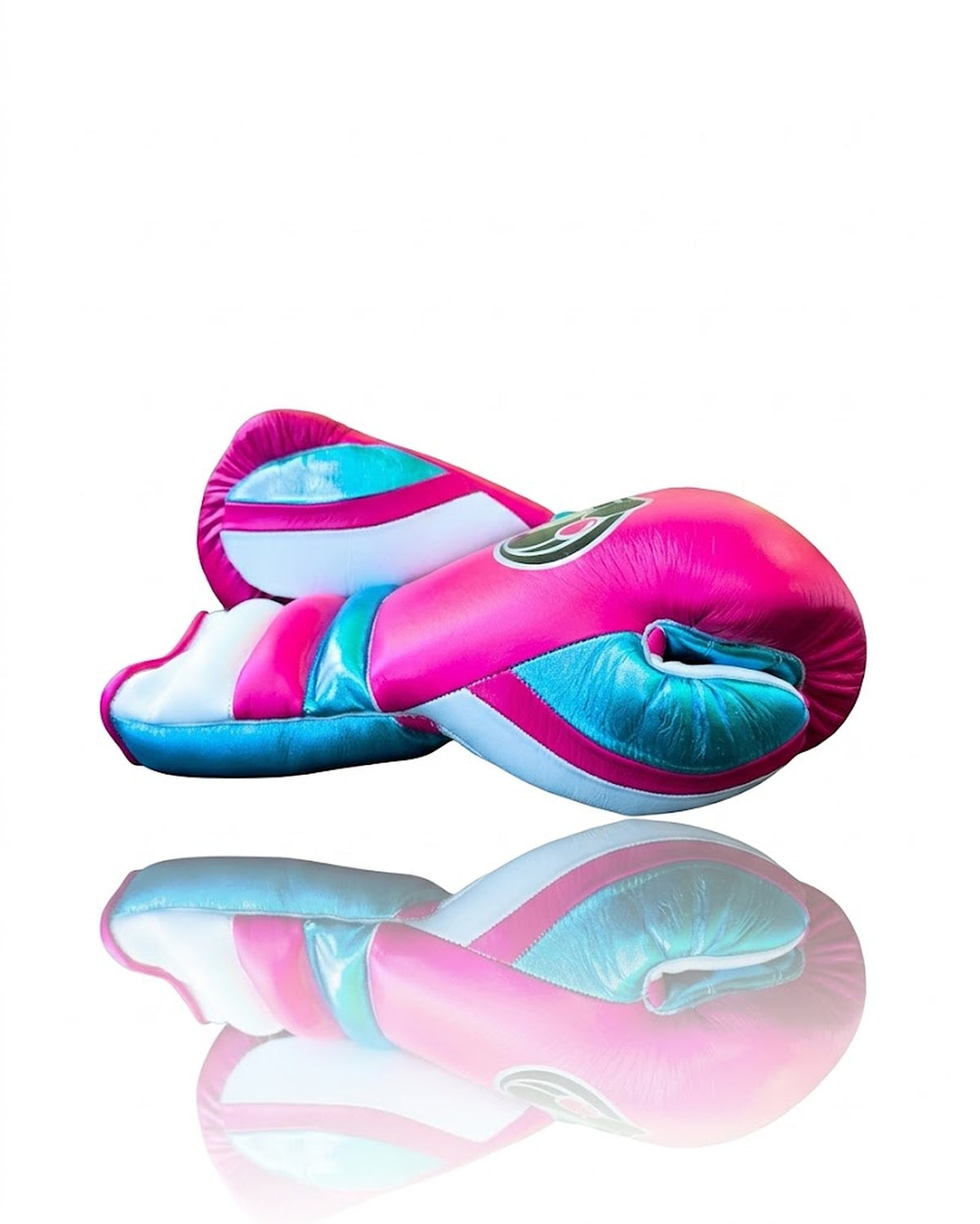 Grant hot pink boxing gloves with turquoise palm, white laces and aqua stripe on the cuff - side view