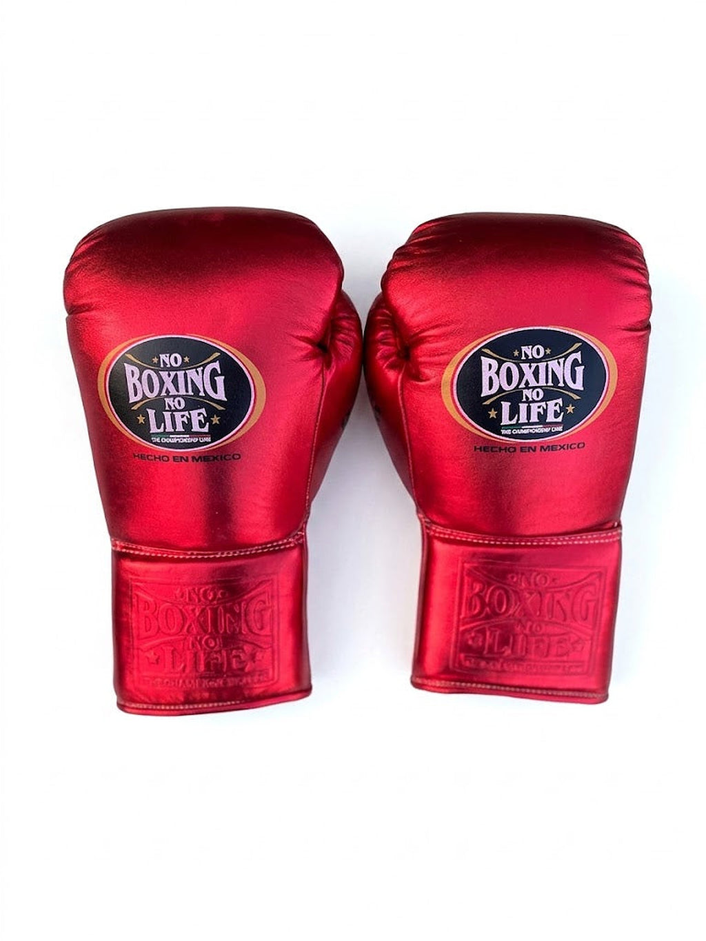No Boxing No Life navy blue and metallic red lace-up gloves with matching headgear and groin guard - palm and closure detail