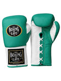 No Boxing No Life lace-up boxing gloves with jade green back, white palm and white laces