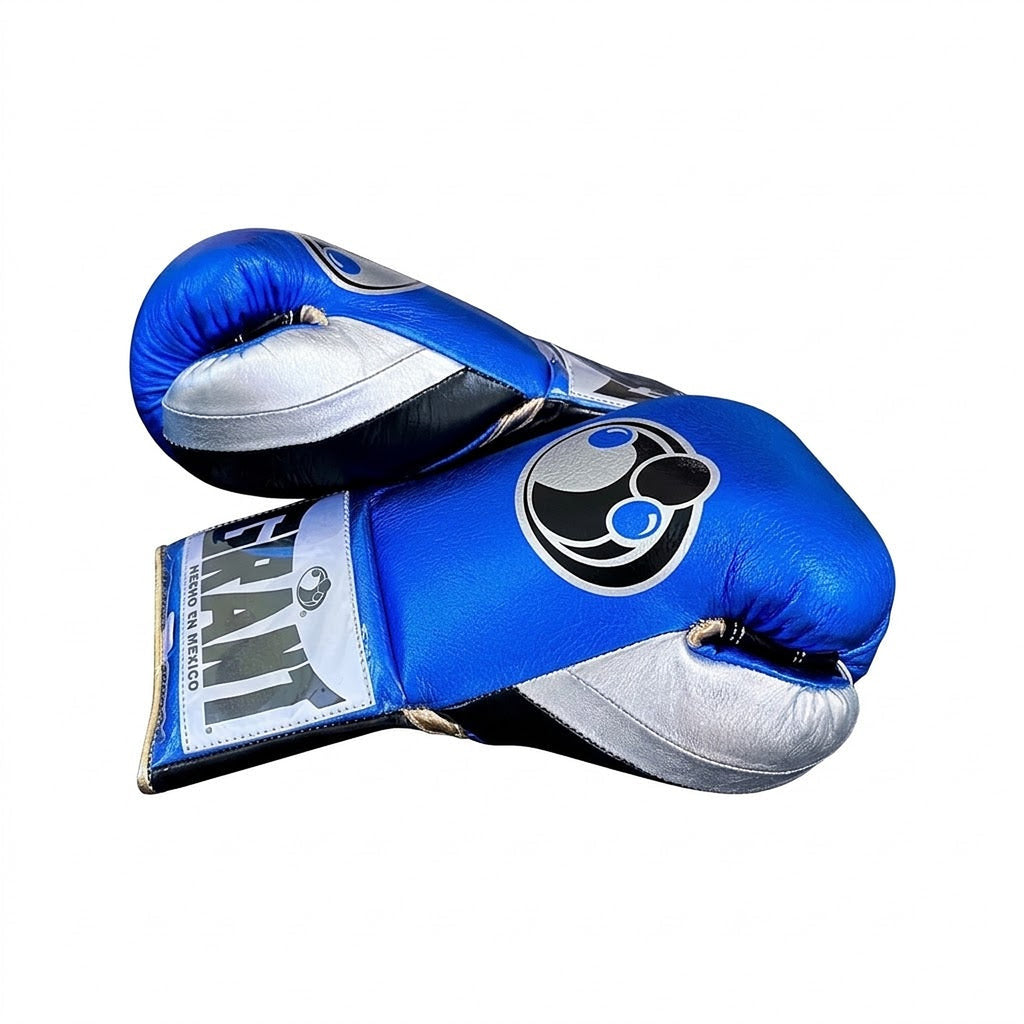 Grant royal blue boxing gloves with white palm, black laces and white cuff patch shown in lace-up style - side view