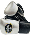 No Boxing No Life chrome-silver lace-up boxing gloves with black palm and black cuff