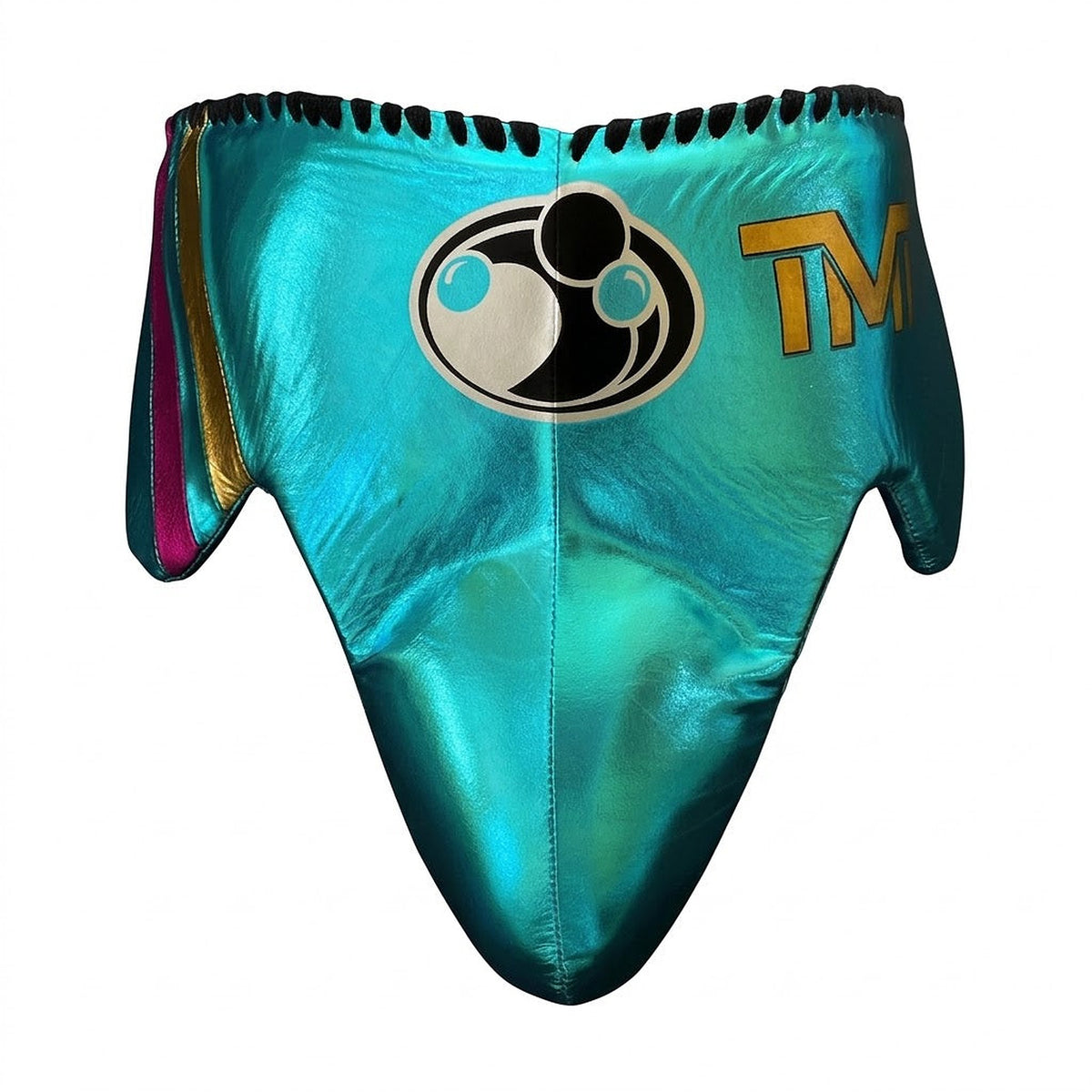 Grant metallic turquoise lace-up gloves with gold palms, matching headgear and groin guard with purple trim - alternate angle