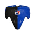 Winning groin guard split between a black half and a bright royal blue half, wide waistband at top