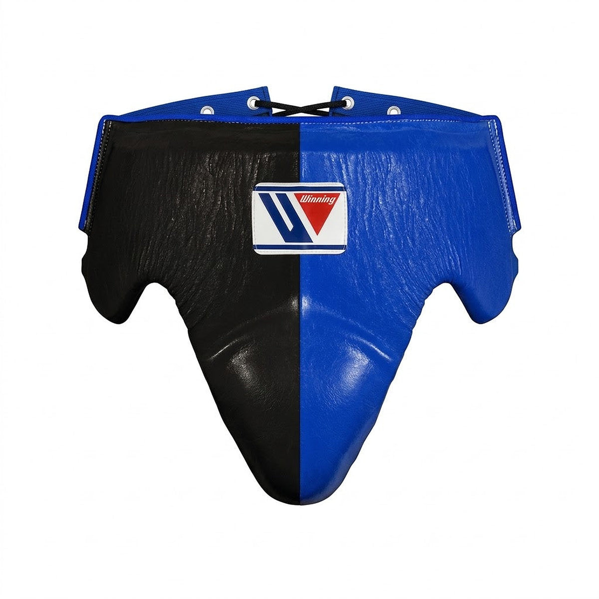Winning groin guard split between a black half and a bright royal blue half, wide waistband at top