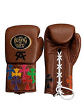 No Boxing No Life chocolate brown lace-up boxing gloves with multicolor cross patches on the cuff