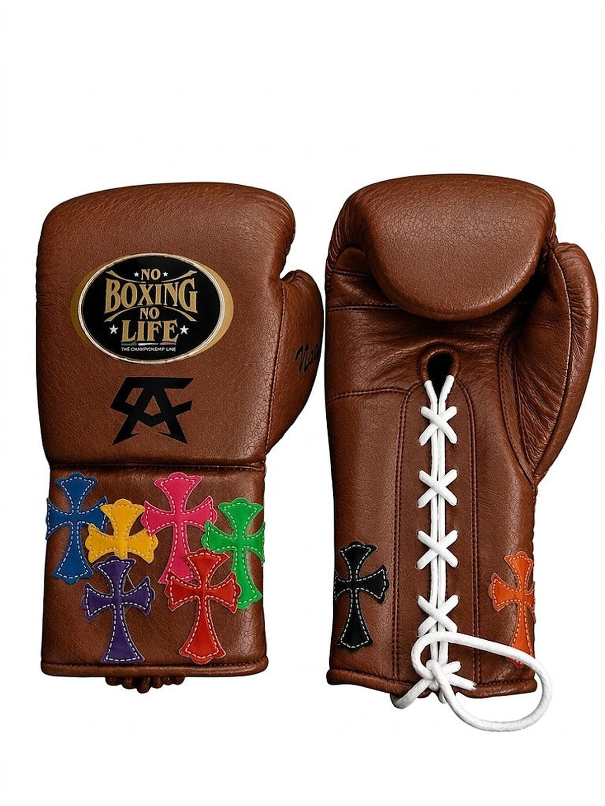 No Boxing No Life chocolate brown lace-up boxing gloves with multicolor cross patches on the cuff