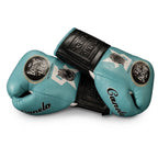 No Boxing No Life lace-up gloves with pastel teal back, black palm, black cuff and mascot logo - side view