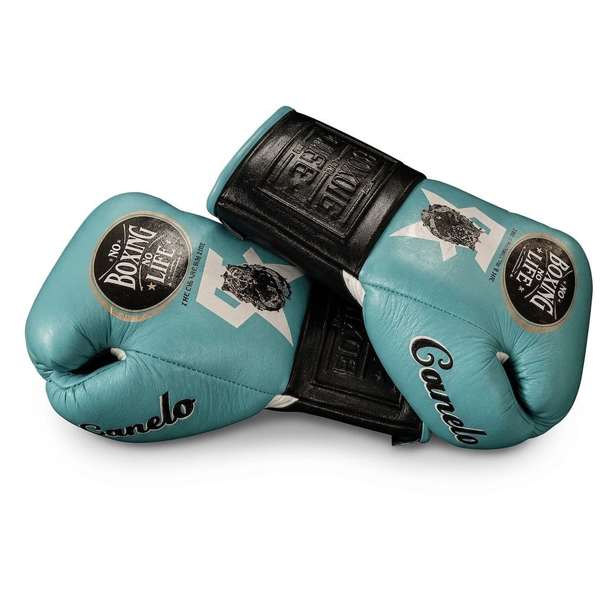No Boxing No Life lace-up gloves with pastel teal back, black palm, black cuff and mascot logo - side view