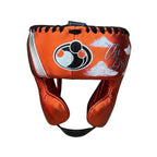 Grant metallic orange lace-up gloves with silver GRANT cuff patch, orange headgear and groin guard - palm and closure detail