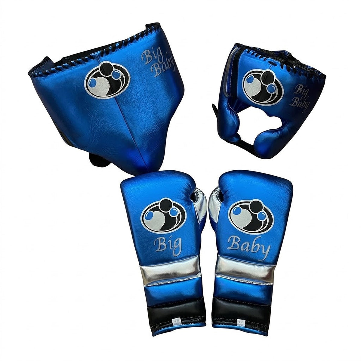 Grant metallic royal blue lace-up gloves, headgear and groin guard set with a sample name print
