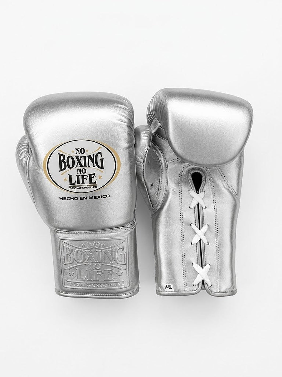No Boxing No Life mirror-finish metallic silver lace-up boxing gloves with white laces