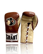Grant chocolate brown boxing gloves with cream palm and white laces giving a vintage lace-up look