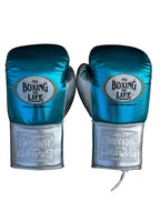 No Boxing No Life metallic sky blue lace-up gloves with champagne gold cuff and black laces - side view