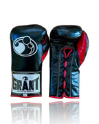 Grant all-black lace-up boxing gloves with red laces down the palm and red inner lining visible
