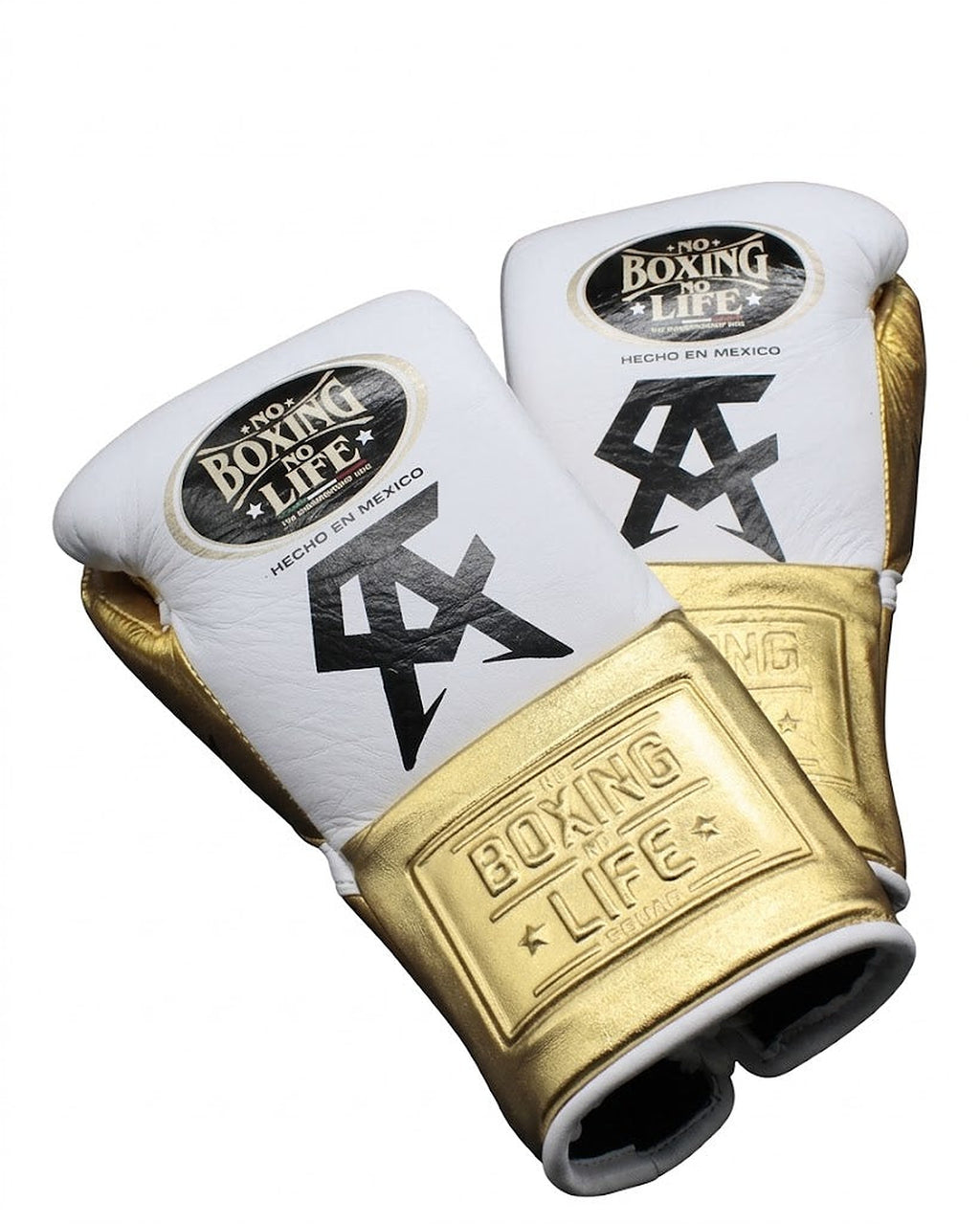 No Boxing No Life white Velcro boxing gloves with metallic gold strap cuff and black monogram