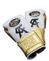 No Boxing No Life White Velcro Boxing Gloves, Gold Strap Cuff