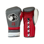 Grant metallic silver-gray lace-up gloves and headgear with red cuff trim and character print - palm and closure detail