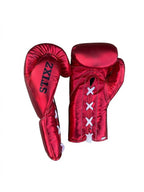 No Boxing No Life navy blue and metallic red lace-up gloves with headgear and groin guard - close-up of logo and cuff