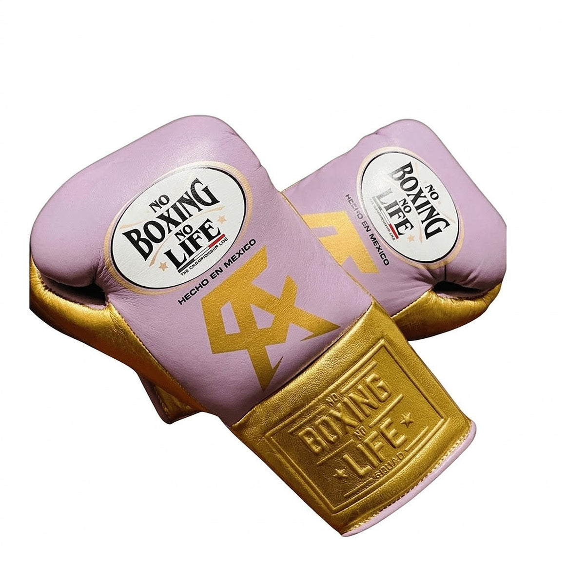 No Boxing No Life light lilac Velcro boxing gloves with gold strap cuff and gold monogram