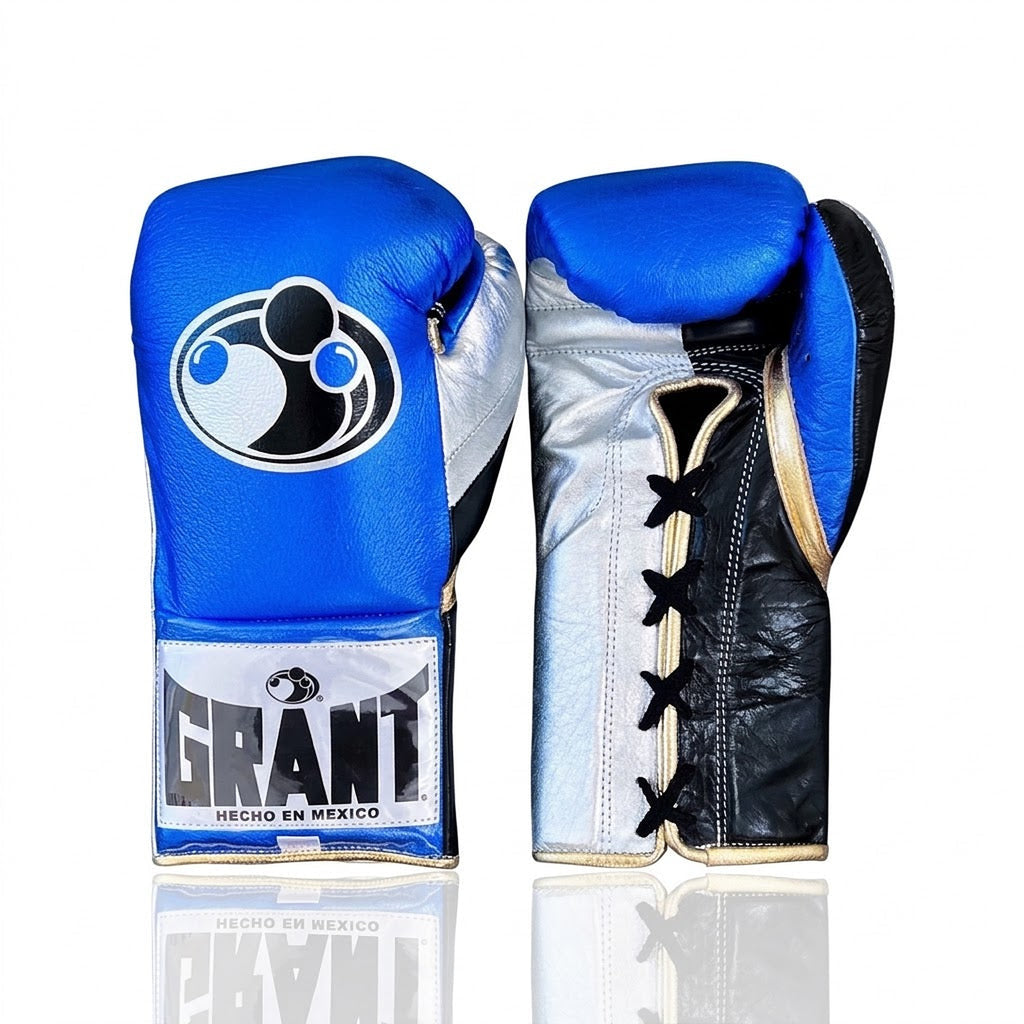 Grant royal blue boxing gloves with white palm, black laces and white cuff patch shown in lace-up style