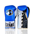 Grant royal blue boxing gloves with white palm, black laces and white cuff patch shown in lace-up style