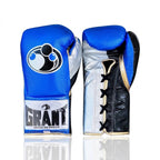 Grant royal blue boxing gloves with white palm, black laces and white cuff patch shown in lace-up style