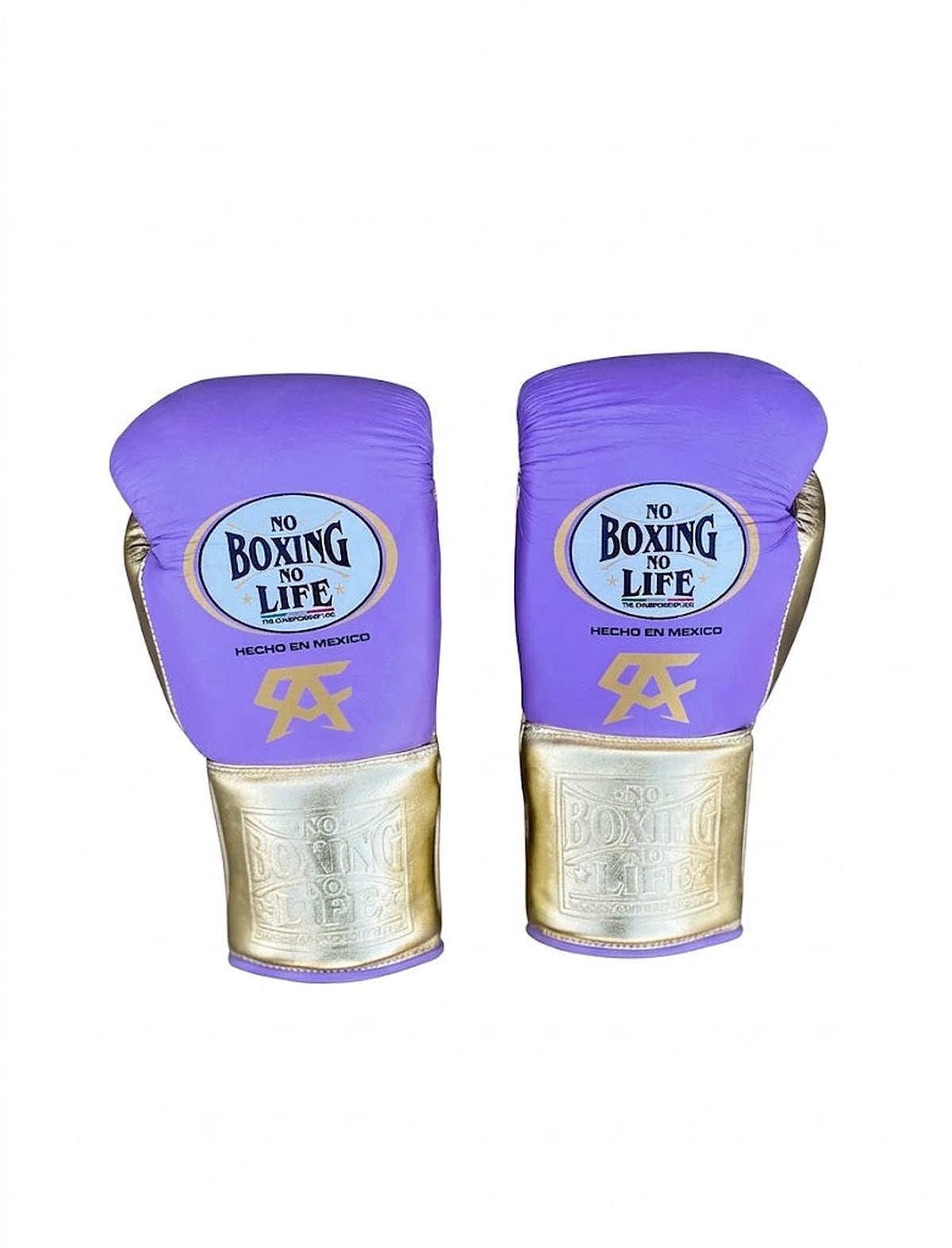 No Boxing No Life lavender purple lace-up boxing gloves with metallic gold palm and cuff - alternate angle
