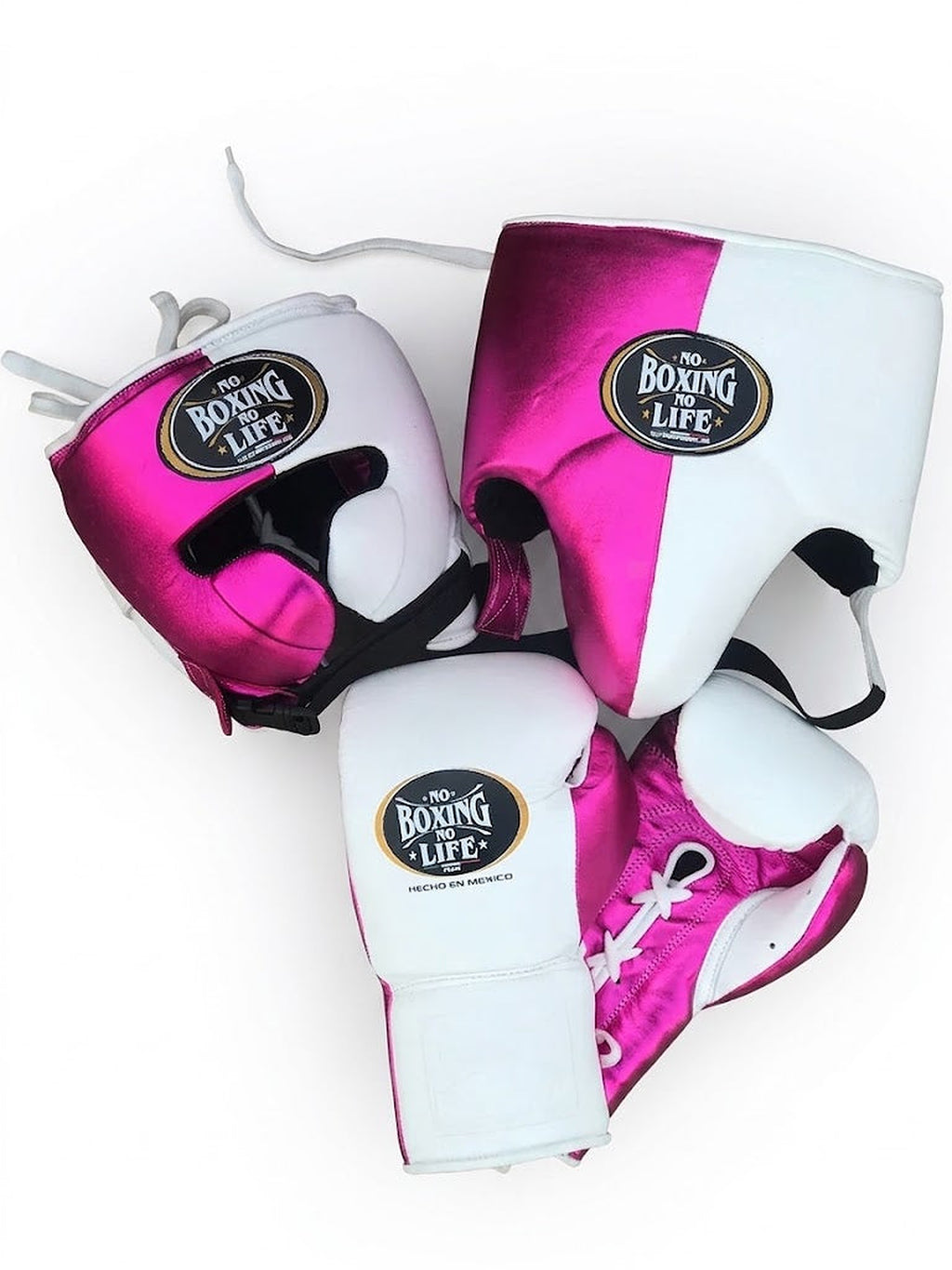 No Boxing No Life lace-up gloves, headgear and groin guard split between metallic fuchsia and white