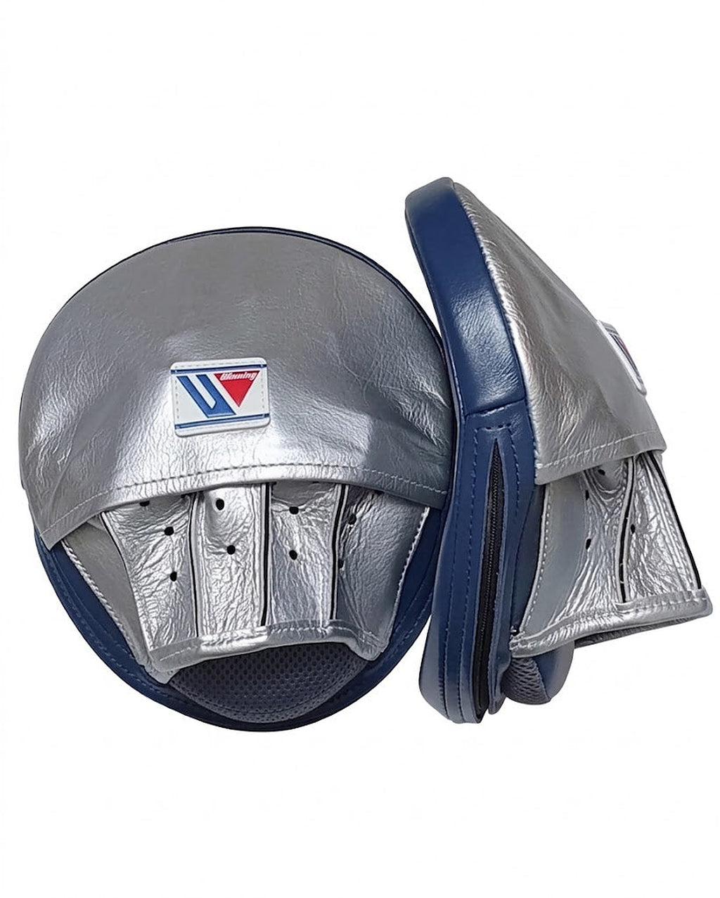 Winning metallic silver curved focus mitts with navy rim around the striking face, shown as a pair - side view