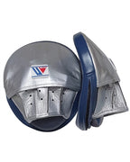 Winning metallic silver curved focus mitts with navy rim around the striking face, shown as a pair - side view