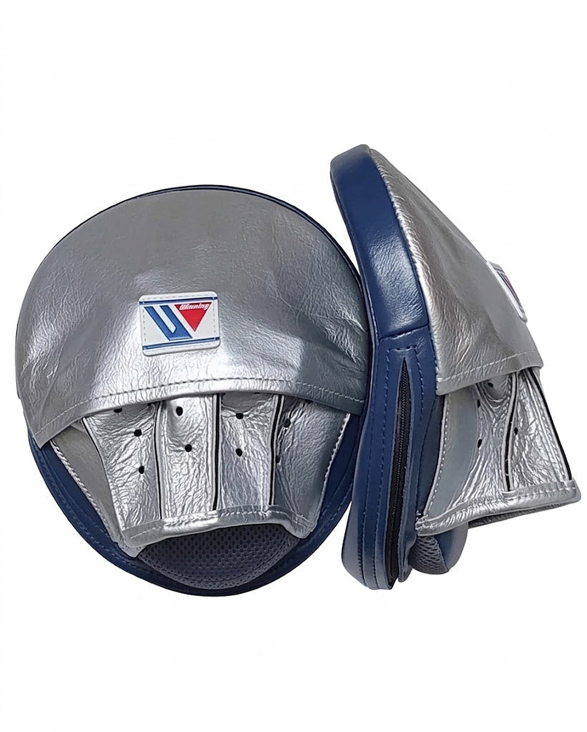 Winning metallic silver curved focus mitts with navy rim around the striking face, shown as a pair - side view