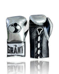 Grant boxing gloves with chrome silver back, black palm and white laces in two-tone lace-up style