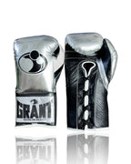 Grant boxing gloves with chrome silver back, black palm and white laces in two-tone lace-up style