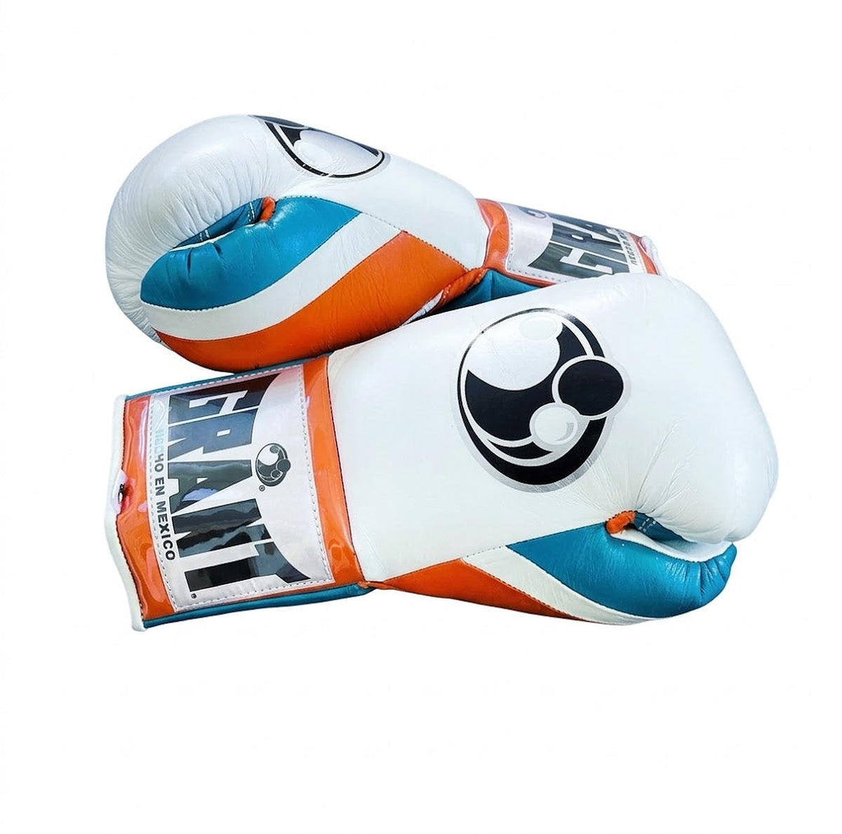 Grant boxing gloves with a white back, bright turquoise palm and orange piping around the cuff - side view