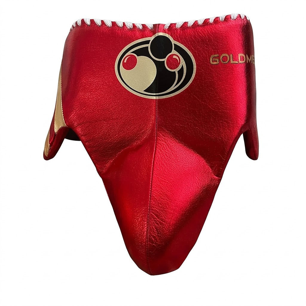 Grant metallic red lace-up gloves, matching red headgear and red groin guard - side view