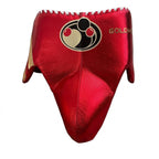 Grant metallic red lace-up gloves, matching red headgear and red groin guard - side view