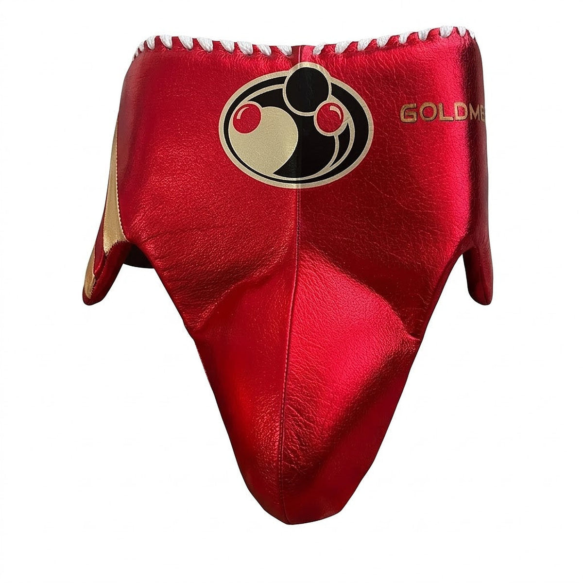 Grant metallic red lace-up gloves, matching red headgear and red groin guard - side view