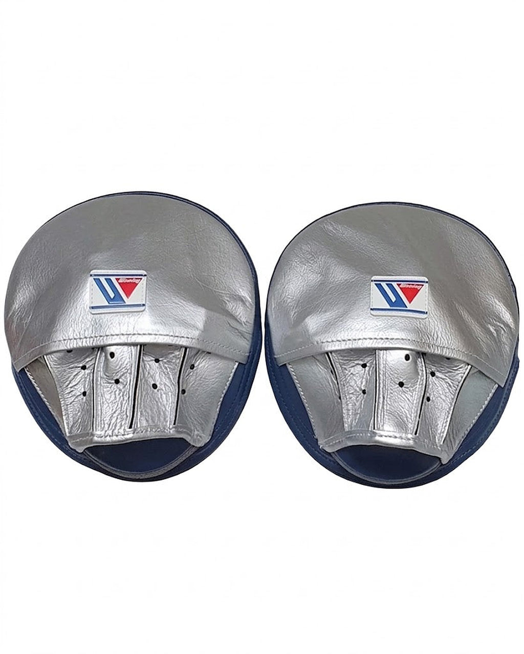 Winning metallic silver curved focus mitts with navy rim around the striking face, shown as a pair - close-up of the navy rim