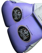 No Boxing No Life soft lilac purple lace-up boxing gloves with a white embossed cuff - side view