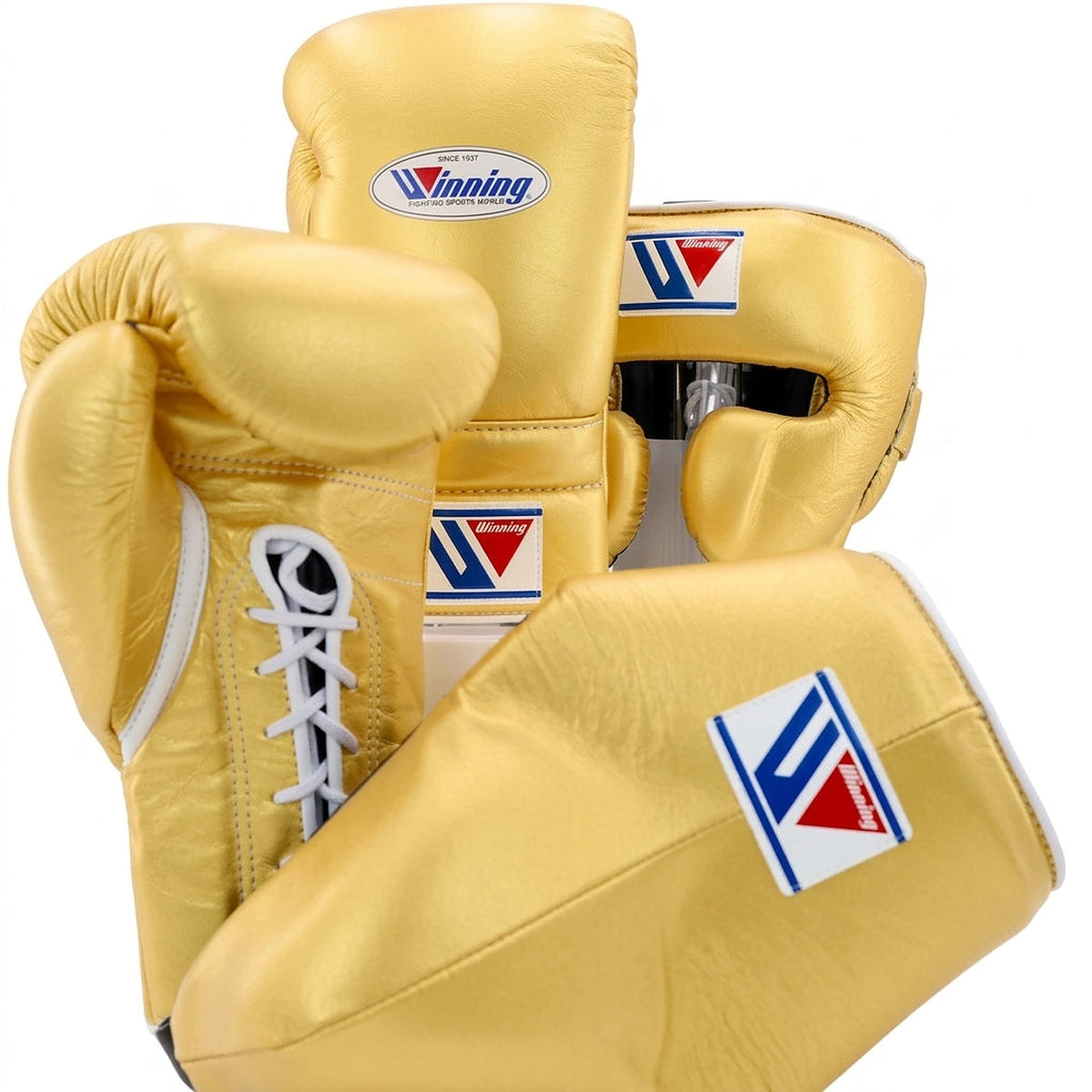 Winning full metallic gold boxing set with lace-up gloves, gold headgear and gold groin guard