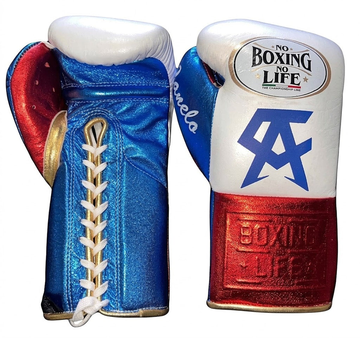 No Boxing No Life white boxing gloves with metallic blue palm, red cuff and blue monogram on the back