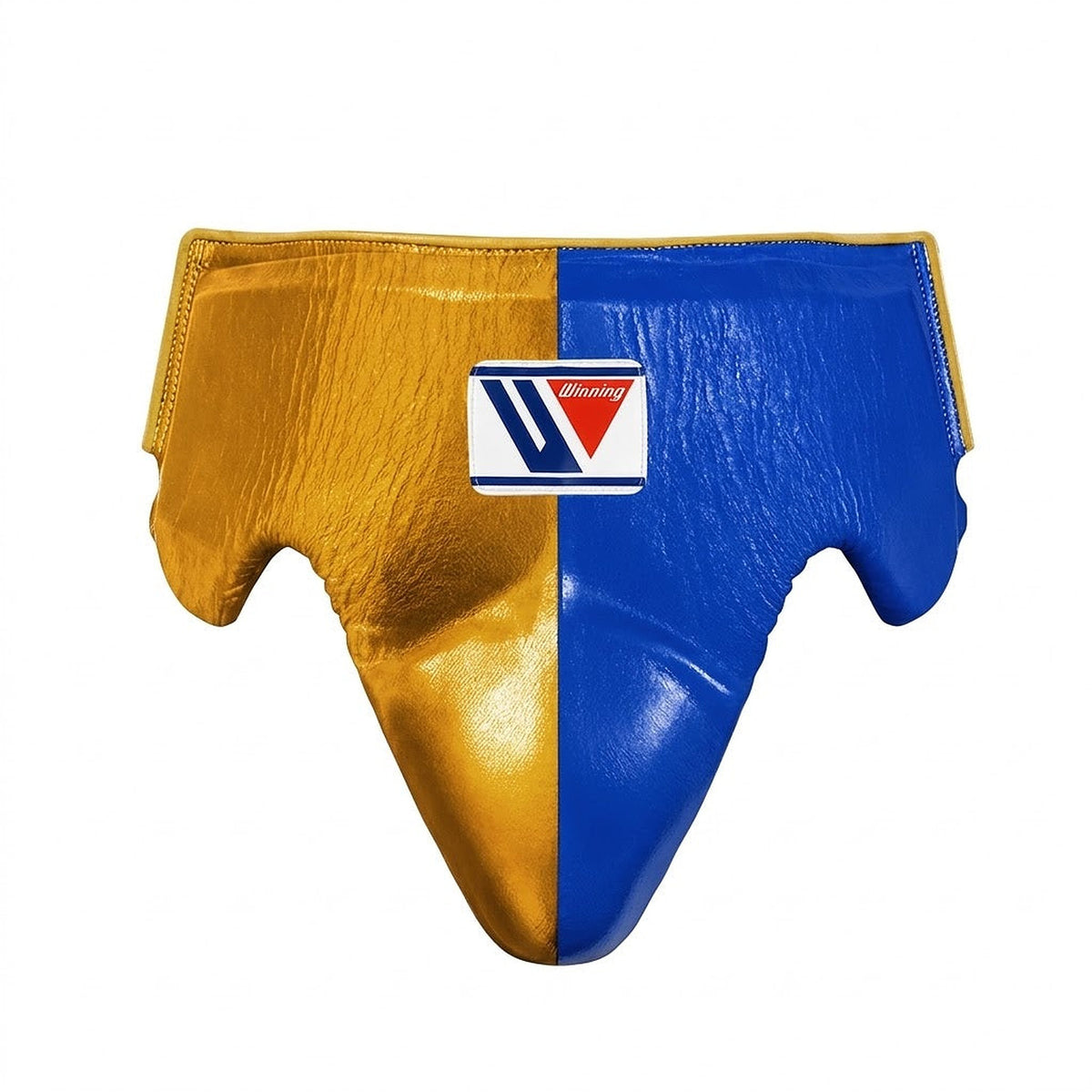 Winning groin guard split in metallic gold and royal blue with wide waistband and padded cup