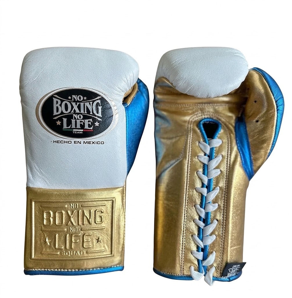No Boxing No Life pale sky-blue lace-up boxing gloves with metallic gold palm and cuff