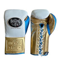 No Boxing No Life pale sky-blue lace-up boxing gloves with metallic gold palm and cuff