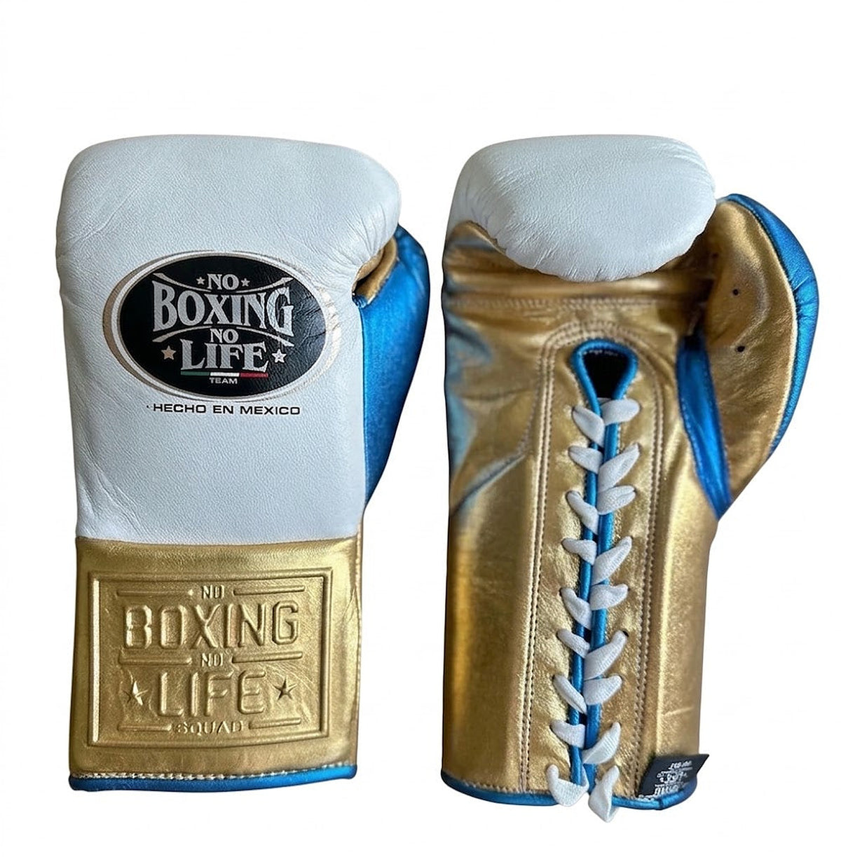 No Boxing No Life pale sky-blue lace-up boxing gloves with metallic gold palm and cuff