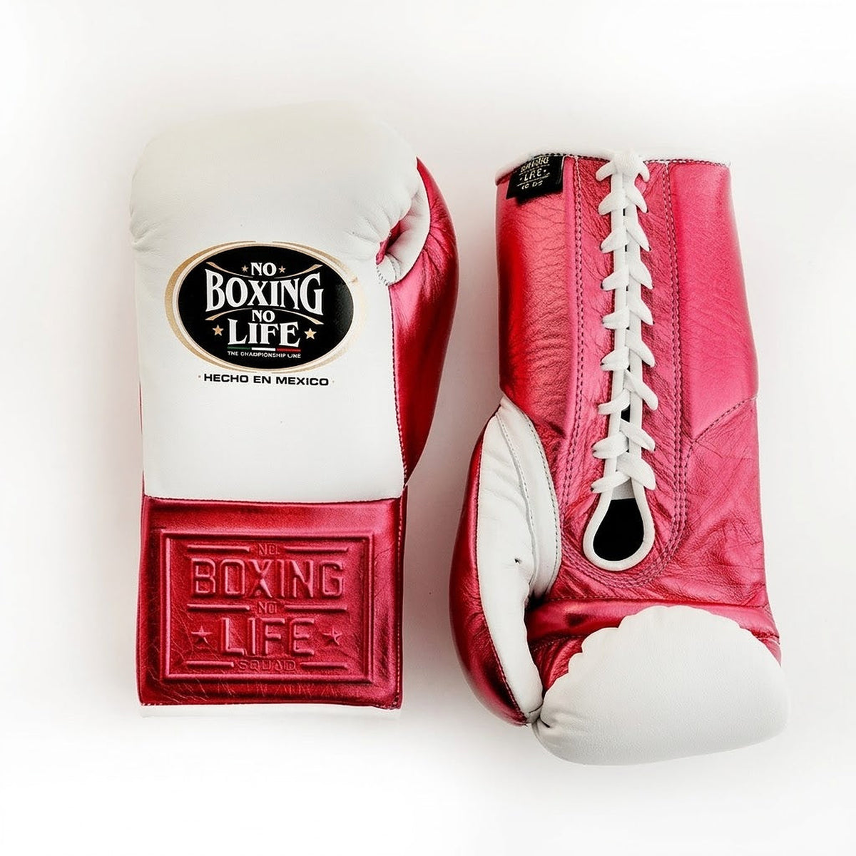 No Boxing No Life lace-up boxing gloves with white back, shiny metallic red palm and red cuff