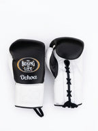 No Boxing No Life three-piece set split black and white, lace-up gloves, headgear and groin guard shown - alternate angle