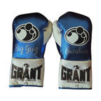 Grant boxing gloves in metallic navy with white palm, silver cuff patch and sample Big Greg script print - side view